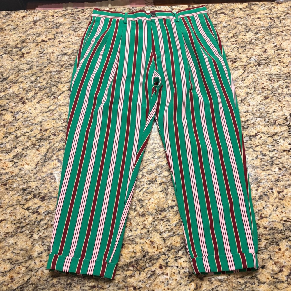Scotch & Soda Mens Striped Pleated Cuffed Trousers Green Burgundy W31 L23